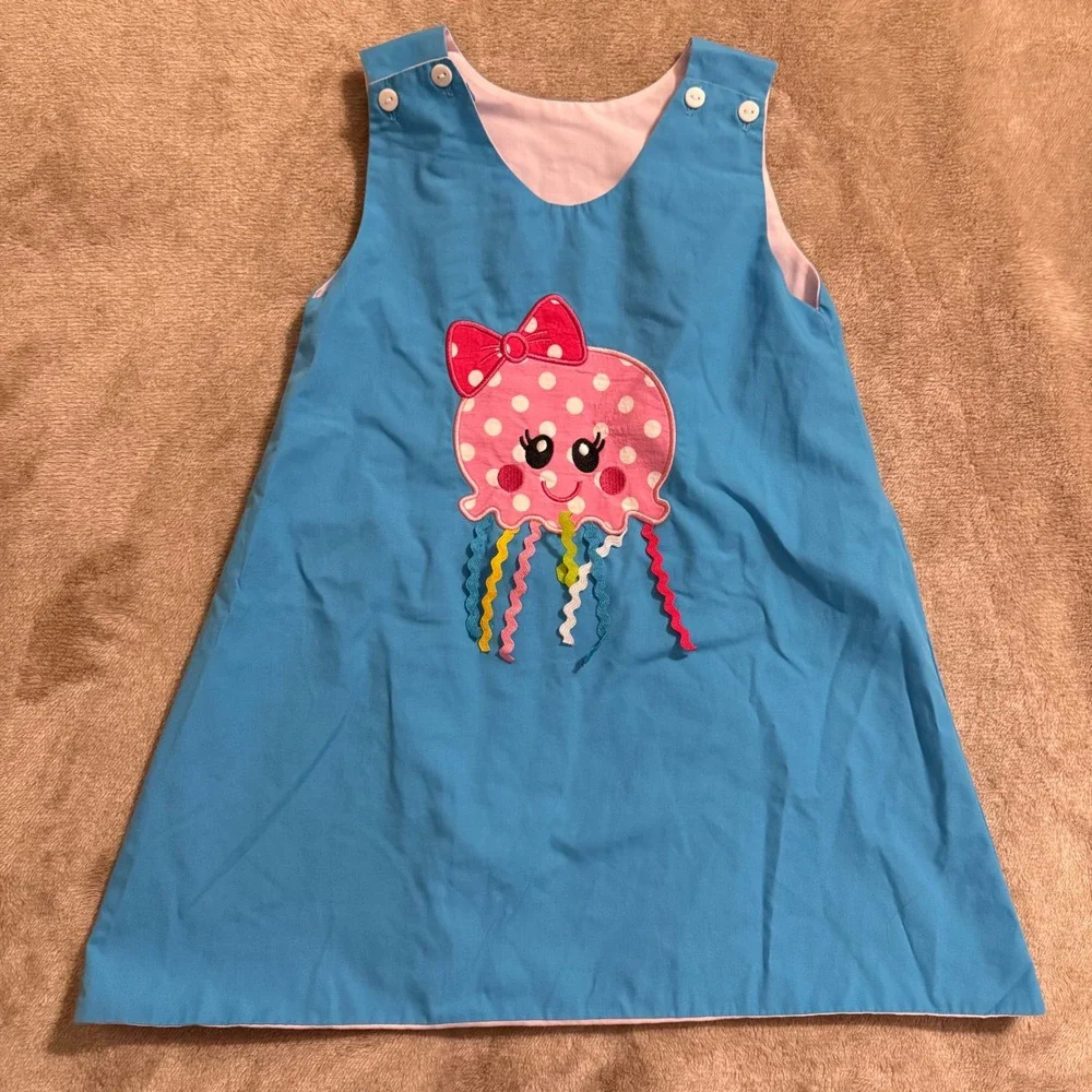 Tiaras and Frogs Reversible Jumper Dress 4T Blue Pink Jellyfish Whale Nautical